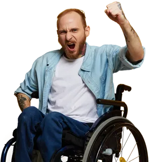 Man in a wheelchair screams angrily shows fist lo 2024 02 06 17 02 30 utc kopie